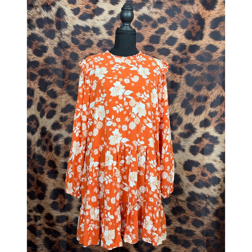 Orange Floral Long Sleeve Tiered Ruffle Babydoll Dress